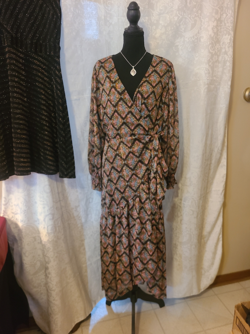 LC Lauren Conrad Floral Chevron Wrap Maxi Dress - Black with Pink & Green